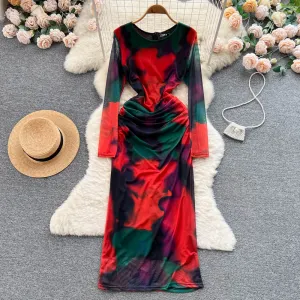 Swoosh Floral Printed Hip-wrapping Dress