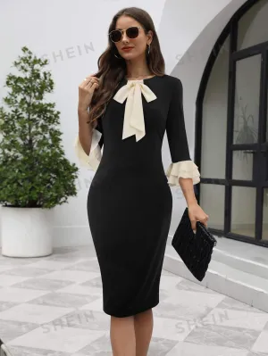 Tie Neck Flounce Sleeve Bodycon Dress