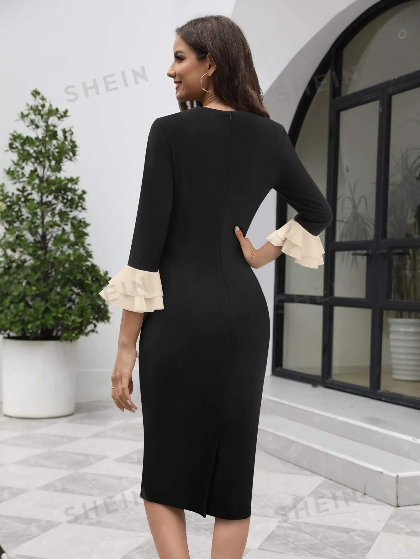 Tie Neck Flounce Sleeve Bodycon Dress
