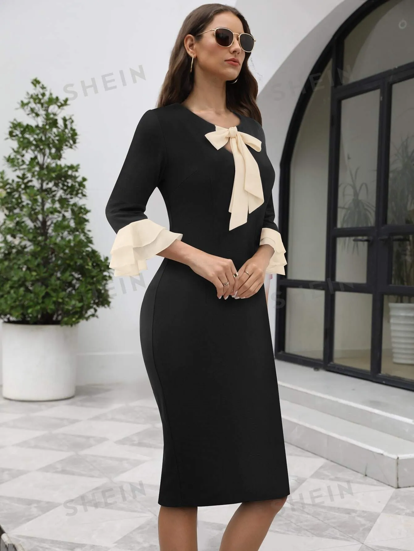 Tie Neck Flounce Sleeve Bodycon Dress