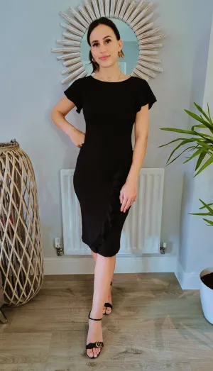Tulsa Frill Front Cap Sleeve Midi Dress In Black