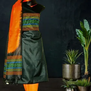 Tussar Silk Dress Material in Black with Orange Green Silk Dupatta