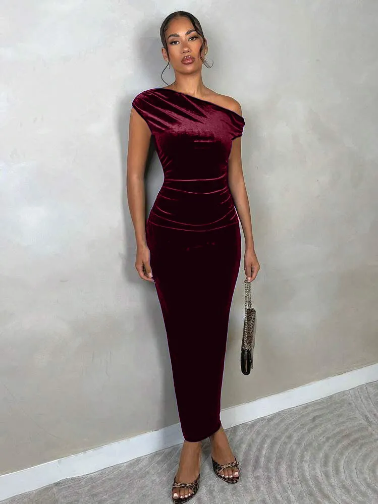 Velvet Off Shoulder Drape Dress