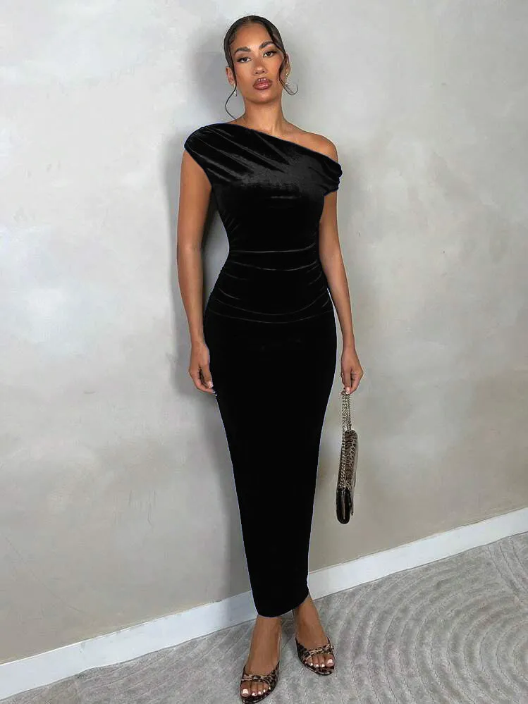 Velvet Off Shoulder Drape Dress