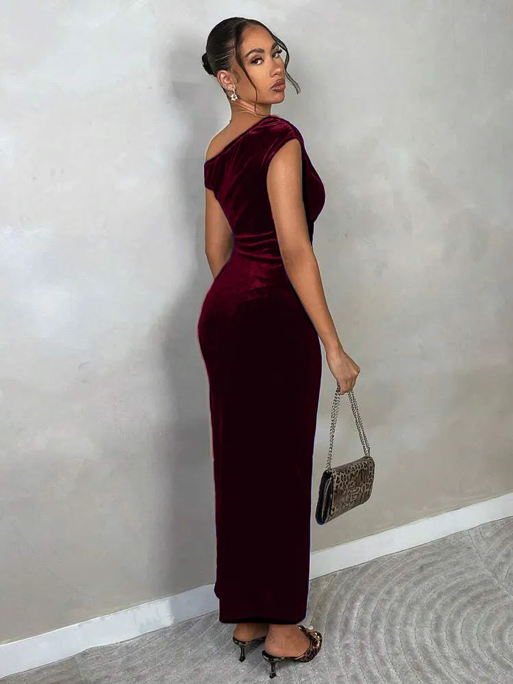 Velvet Off Shoulder Drape Dress