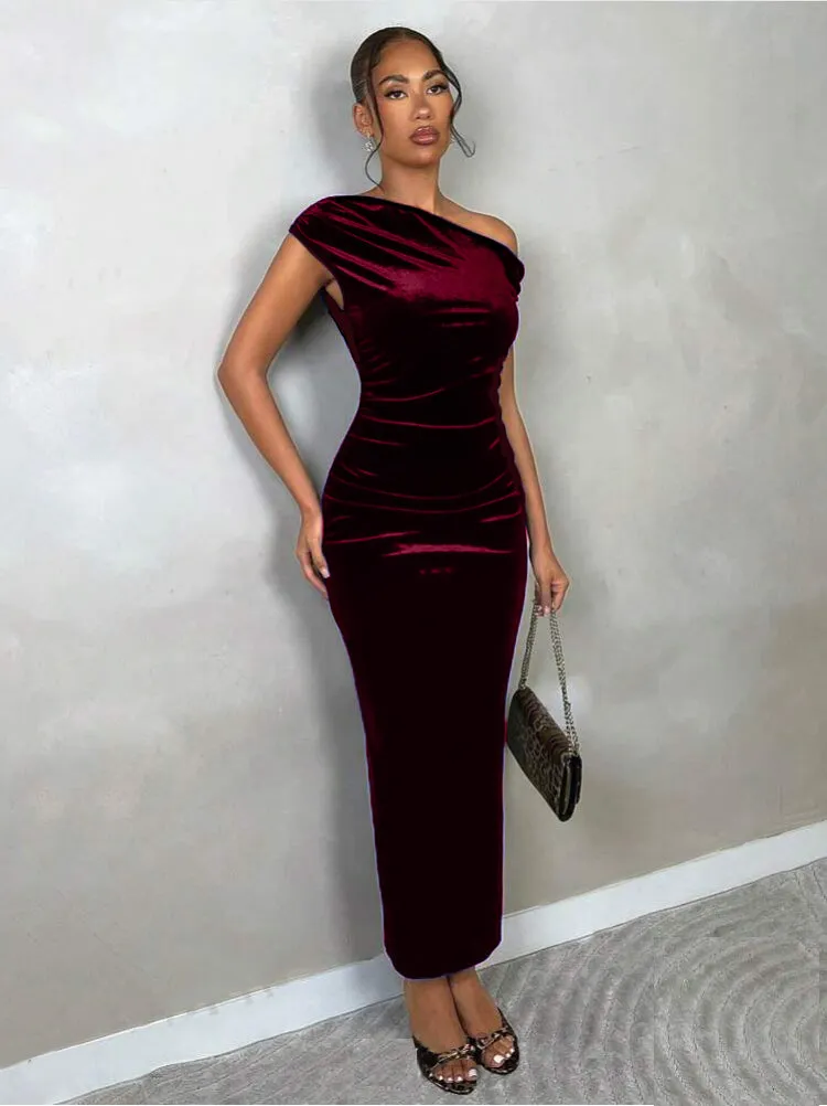 Velvet Off Shoulder Drape Dress