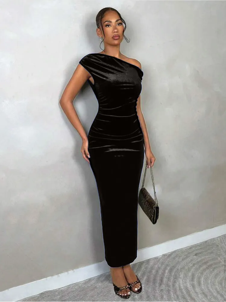Velvet Off Shoulder Drape Dress