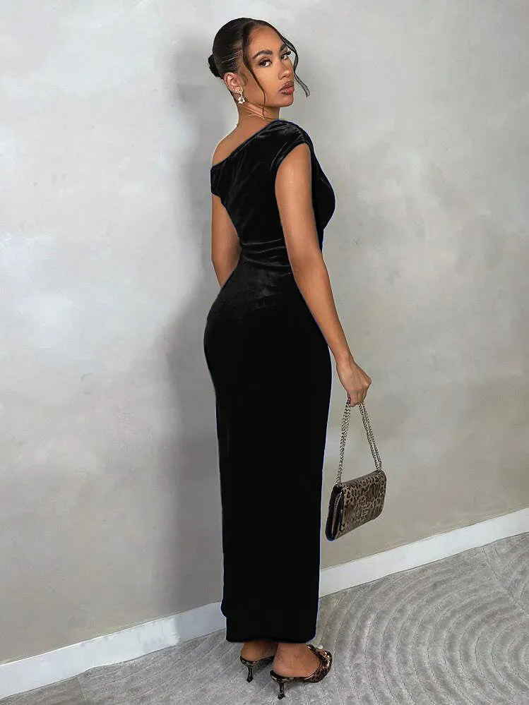 Velvet Off Shoulder Drape Dress