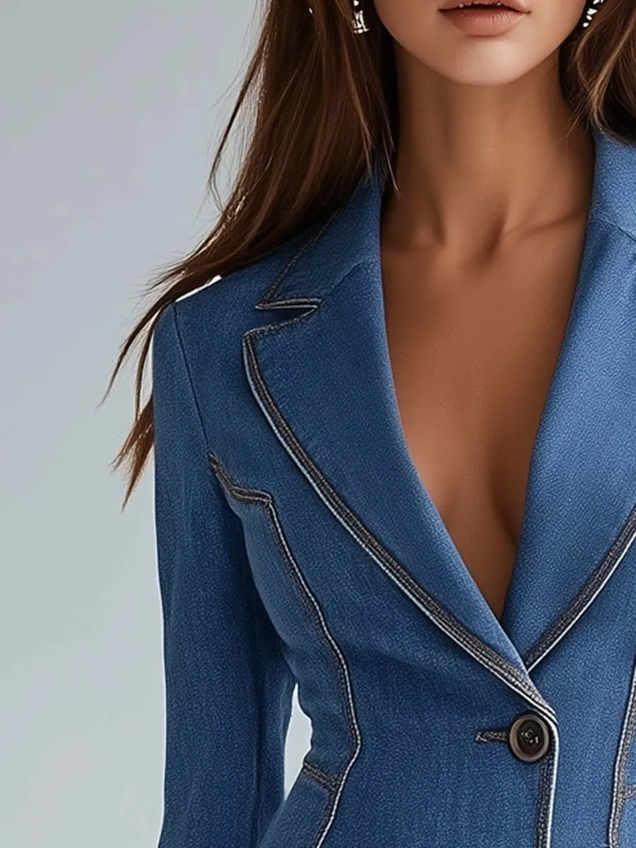 Vintage Contrast Stitching Denim Blazer Dress