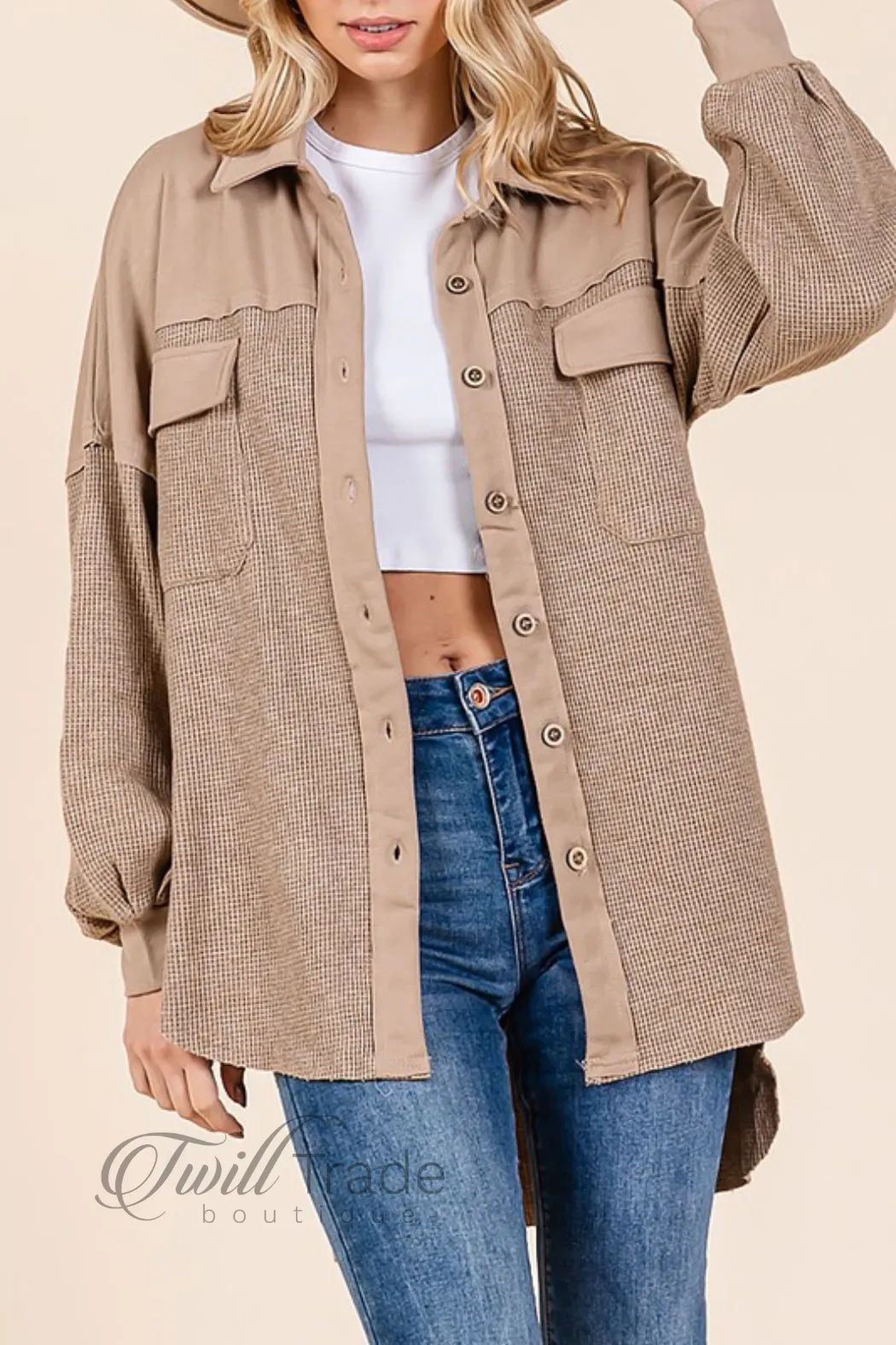 Waffle Knit Contrast Shacket