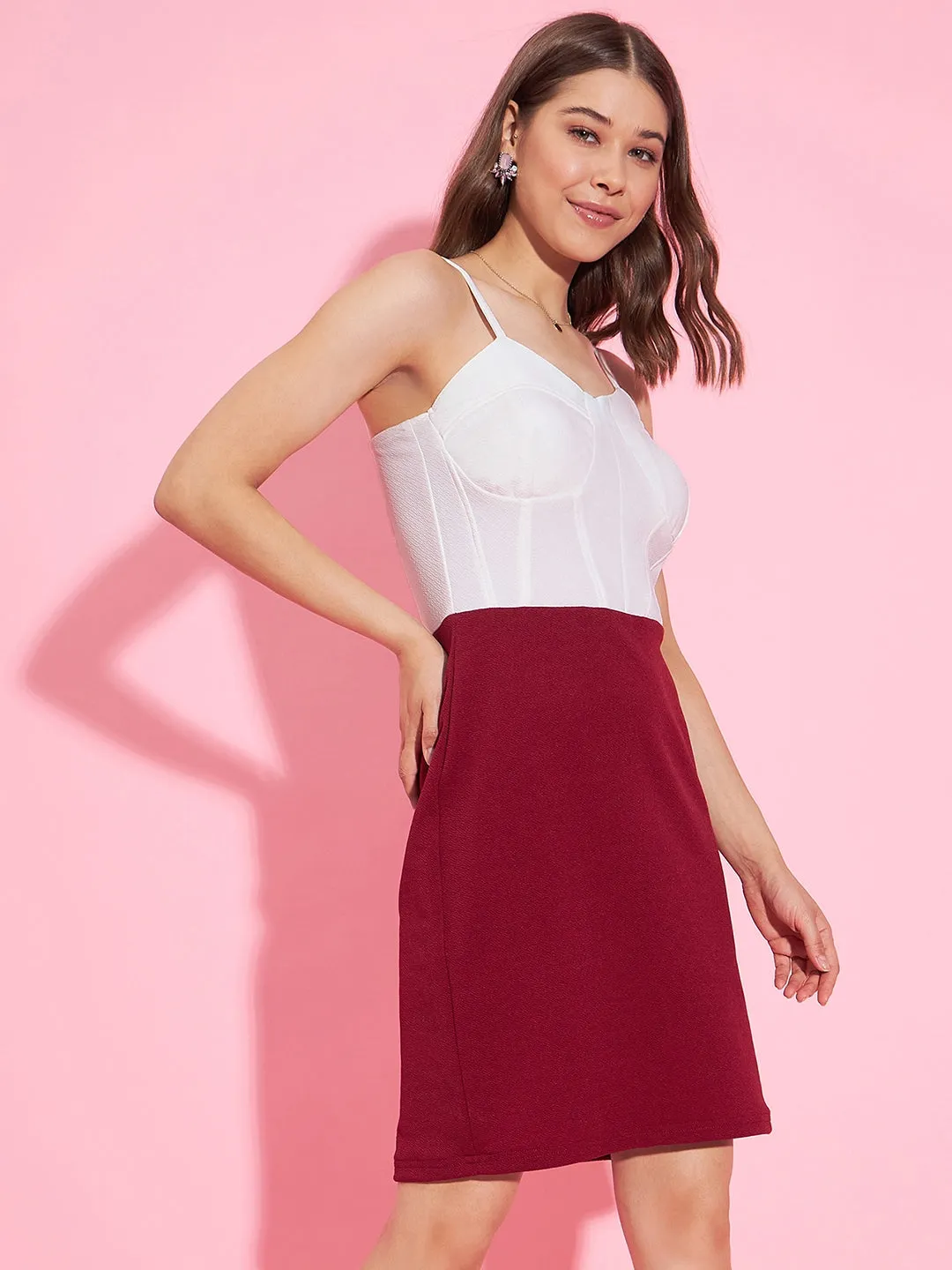 White & Maroon Polyester Lycra Corset Style Padded Dress