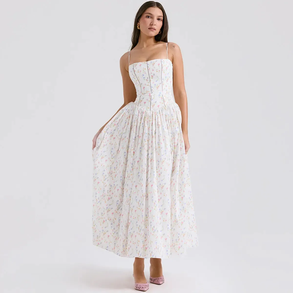 White Bodycon Dress with Floral Pattern