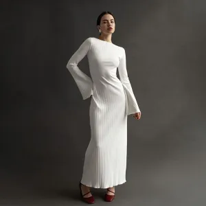 White Ribbed Dress with Flared Sleeves and Backless Lace Up Design