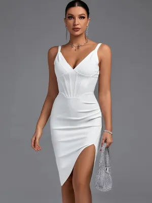 White Spaghetti Strap Draped Bodycon Dress