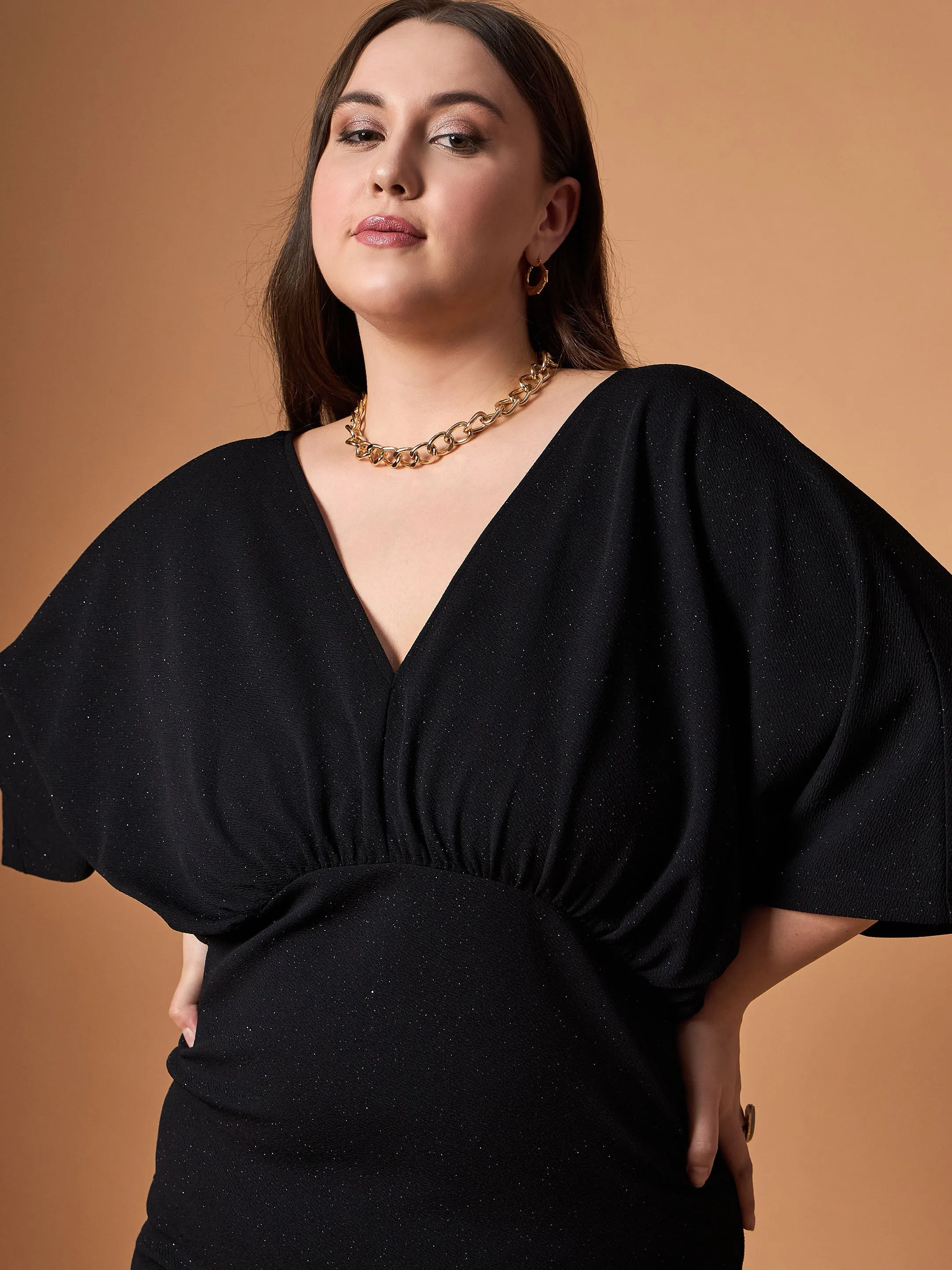 Women Black Glitter Bodycon Kimono Sleeves Dress
