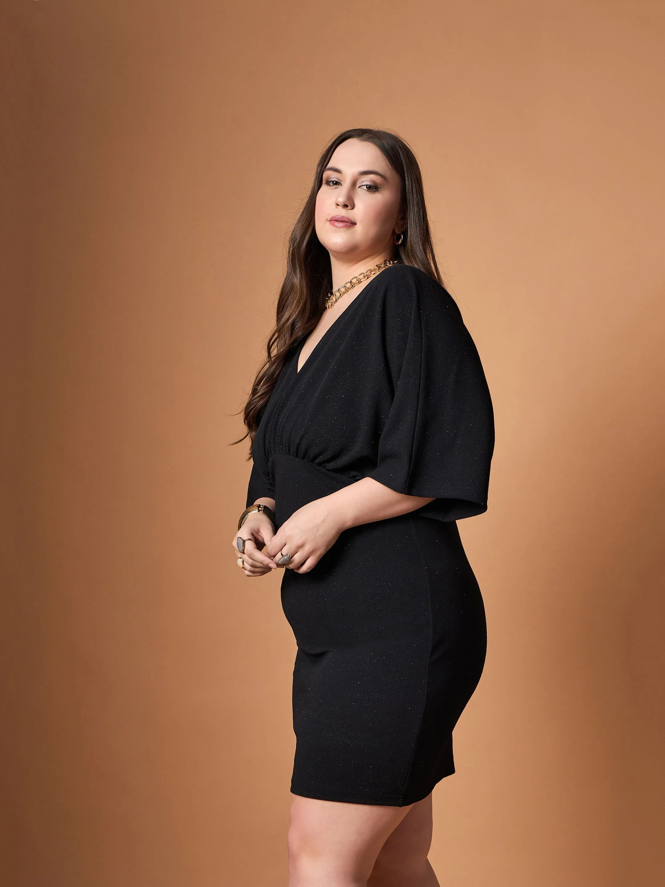 Women Black Glitter Bodycon Kimono Sleeves Dress