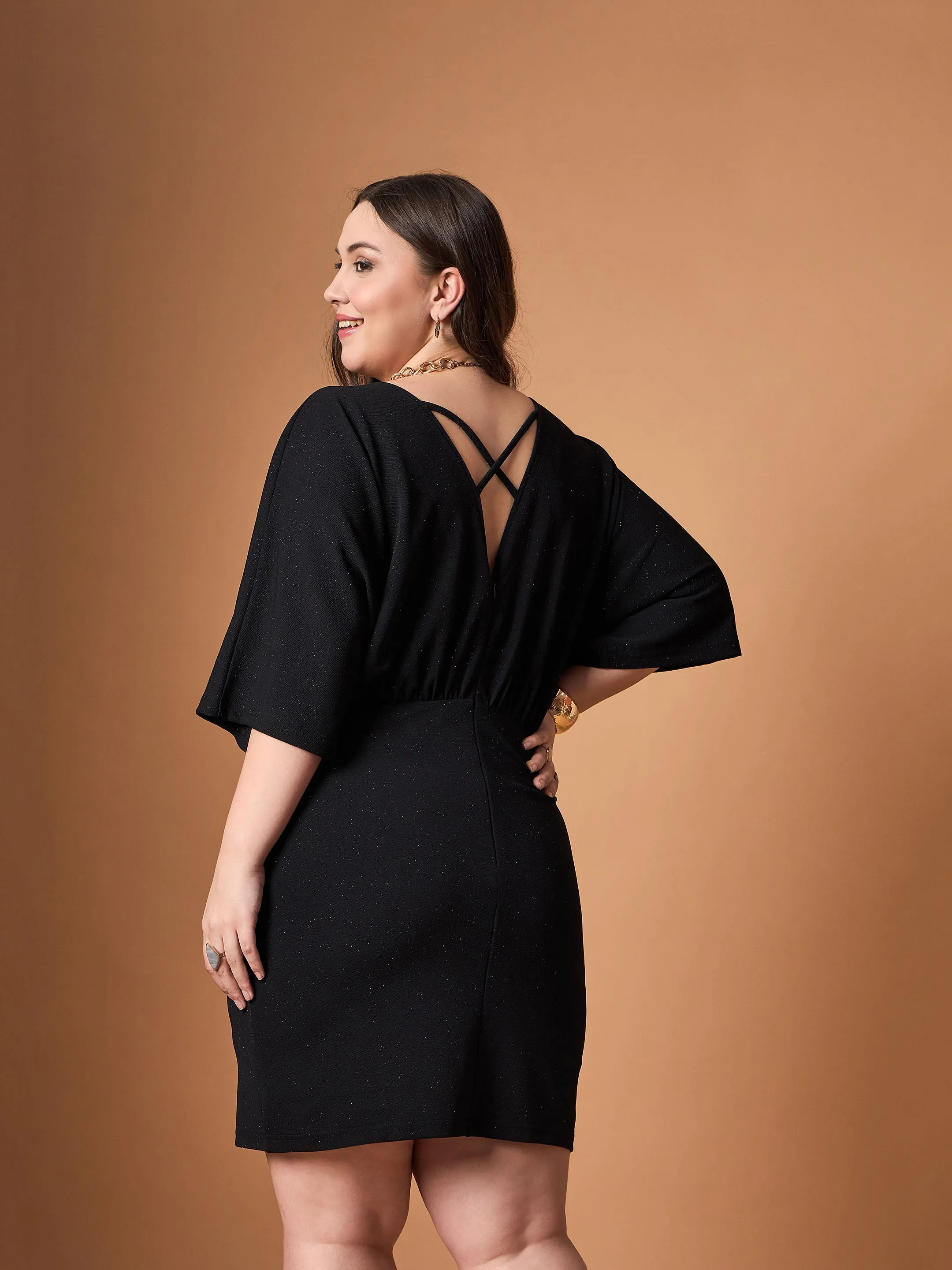 Women Black Glitter Bodycon Kimono Sleeves Dress