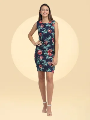 Women Navy Blue Print Midi Length Dress