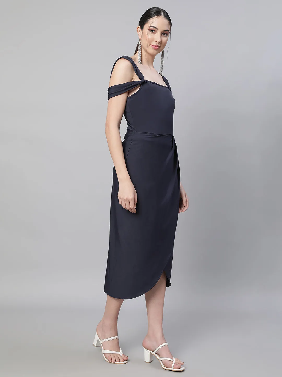 Women Navy Blue Square Neck Asymmetric Hem Dress
