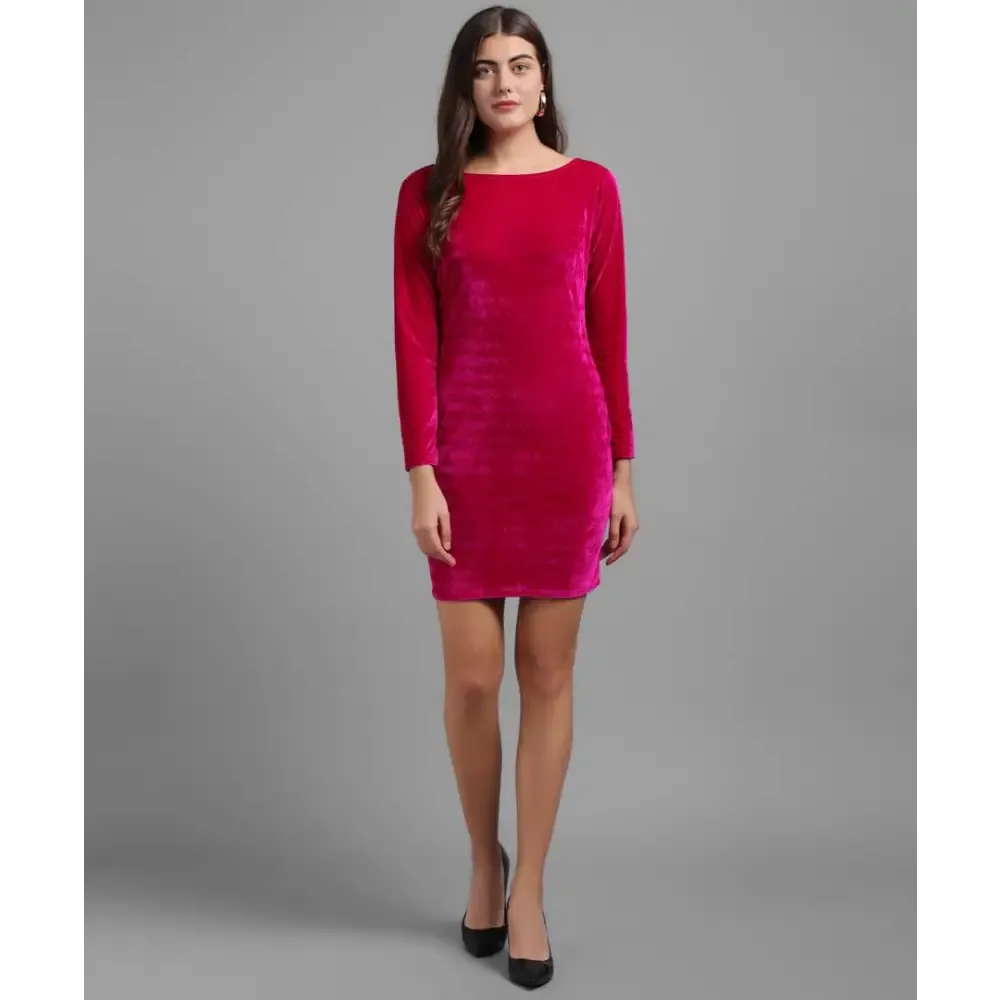 Women Pink Plain Velvet Short Dress
