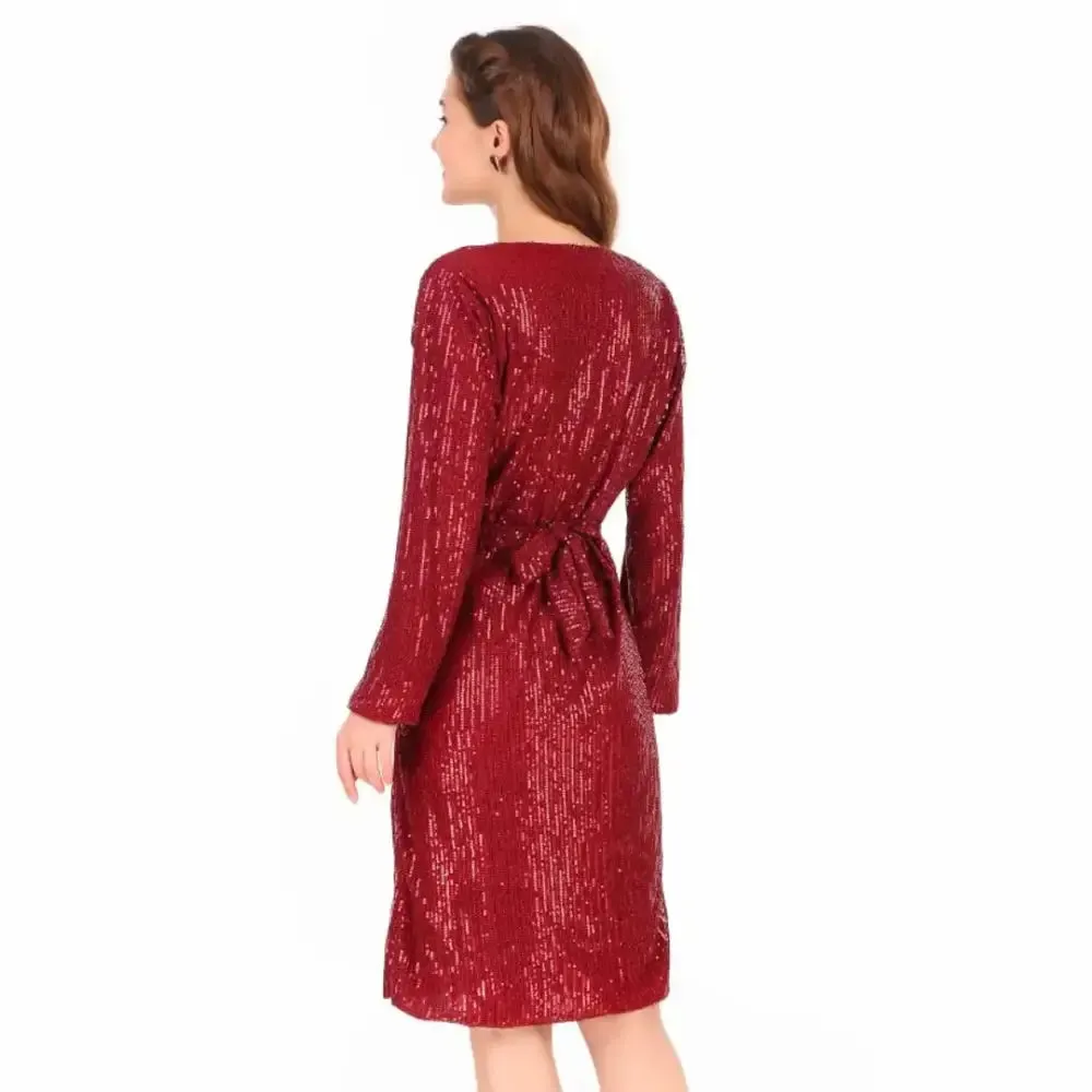 Women Red Solid Shimmer Sequin Dress