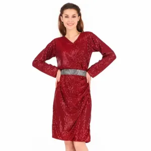 Women Red Solid Shimmer Sequin Dress