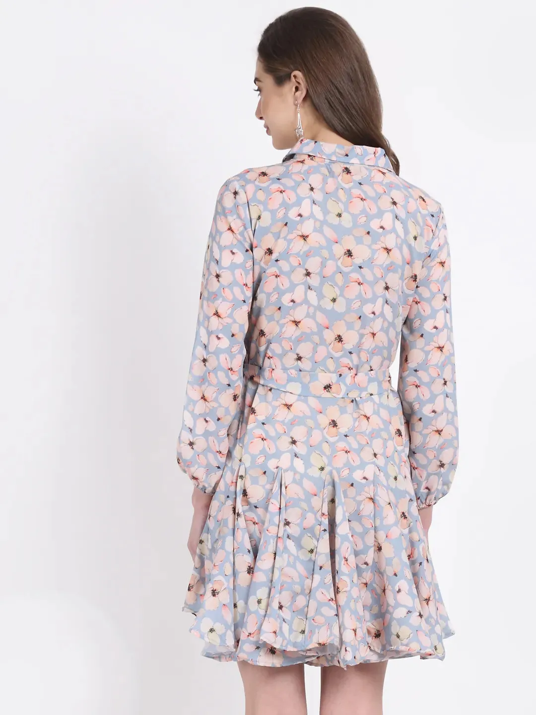 Women Sky Blue Floral Printed Collared Dress