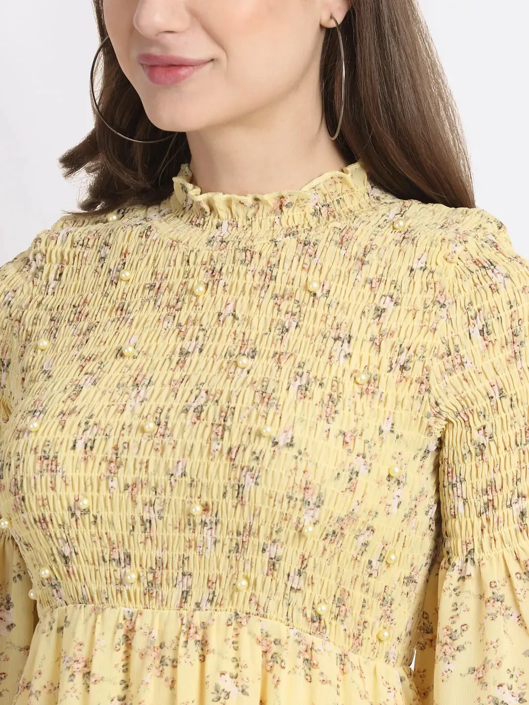 Women Yellow Pearl Embellished Flared Dress