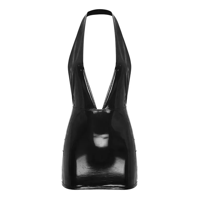 Womens Glossy Bodycon Dress Wet Look Patent Leather Zipper Closure V Neck Backless Skinny Mini Dress for Rave Party Clubbing