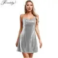 Womens Glossy Bodycon Dress Wet Look Patent Leather Zipper Closure V Neck Backless Skinny Mini Dress for Rave Party Clubbing