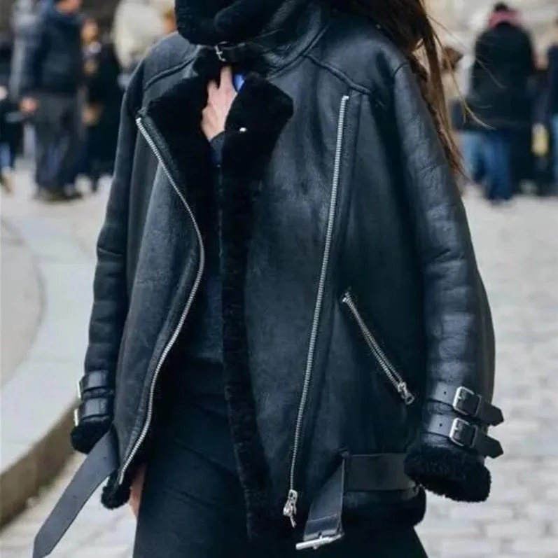 Women's Winter Thick Faux Leather Slim Coat With Faux Fur