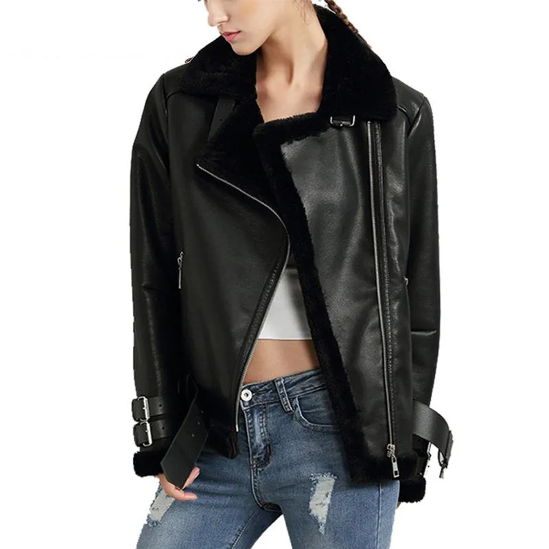Women's Winter Thick Faux Leather Slim Coat With Faux Fur