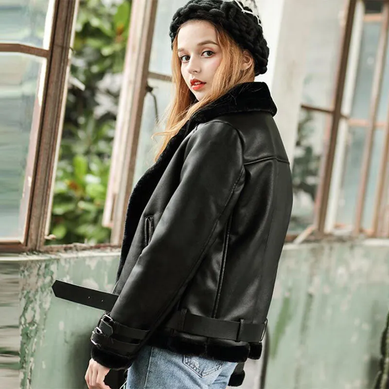 Women's Winter Thick Faux Leather Slim Coat With Faux Fur
