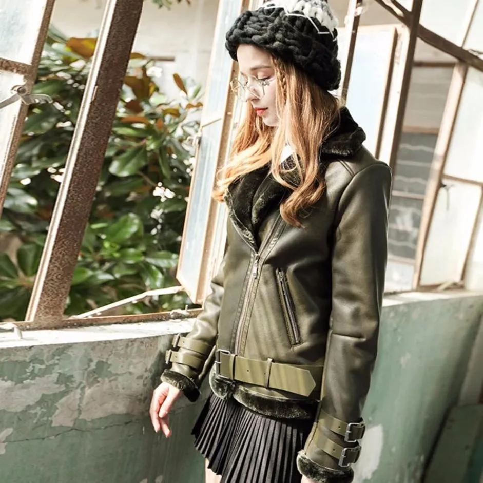 Women's Winter Thick Faux Leather Slim Coat With Faux Fur