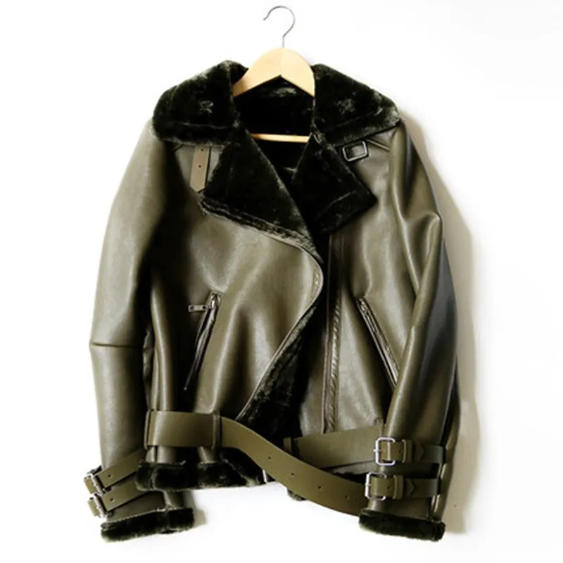 Women's Winter Thick Faux Leather Slim Coat With Faux Fur